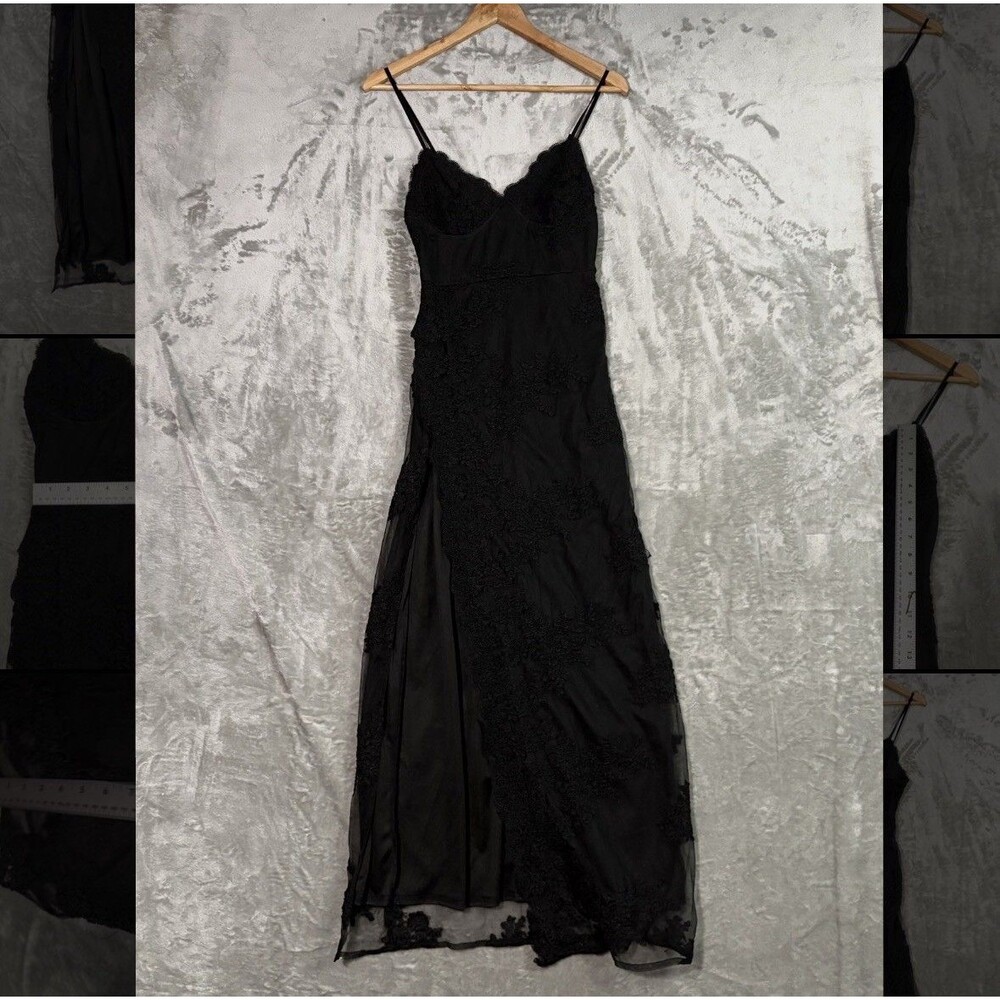 Banjul Women’s Black Sheer Lace Applique Formal Maxi Slip Dress Size Small Hoco
